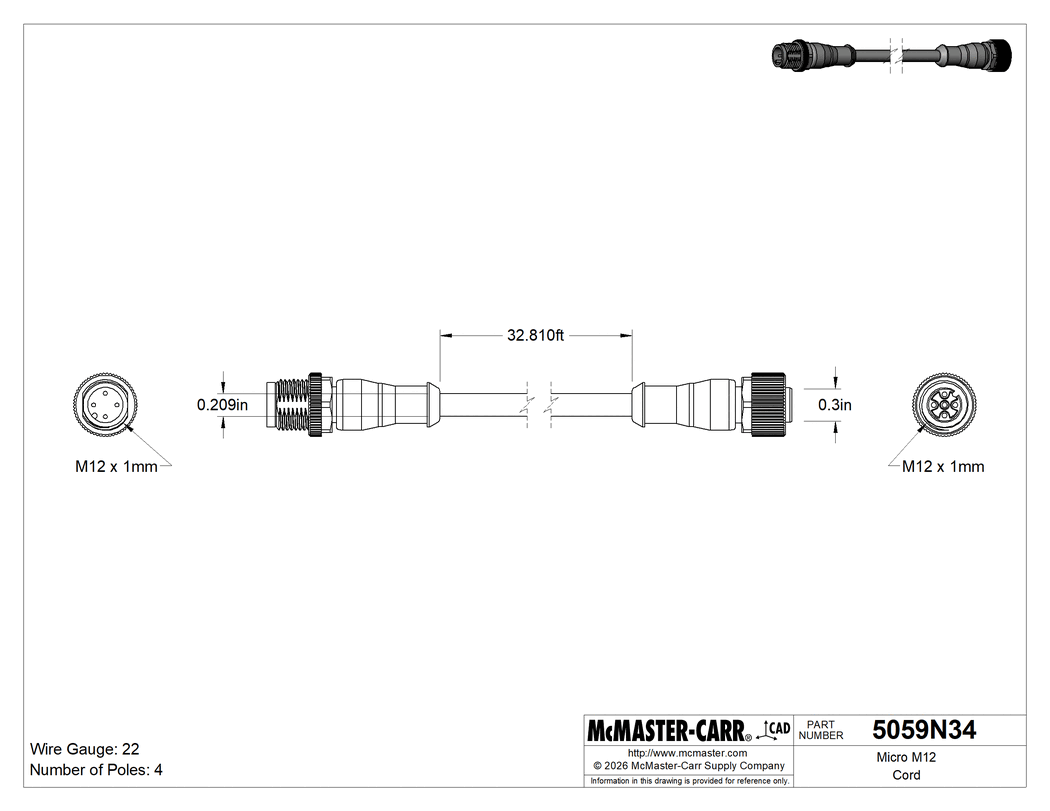 Technical Drawing of M12 Cord, Double Shielded, Plug x Socket, A Code, 4 Poles, 32' Long.